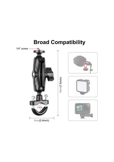 Geeroyoo Motor Gücü Ve Bisiklet Gövdesi İçin Hareketli Kamera Tutucu - 360 Döner Çift Top Başlı - 3,6cm Çaplı Çubuklara Uyumlu - Siyah Abs Malzeme