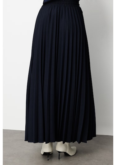 Mizalle Örme Krep Piliseli Maksi Lacivert Etek Lacivert