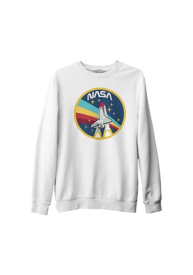 Nasa - Gökkuşağı Beyaz Erkek Kalın Sweatshirt
