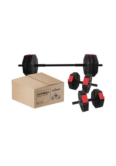 Tan Spor 60 KG Dambıl Halter Ağırlık Düz Bar Seti Kırmızı Kapaklı 150 CM