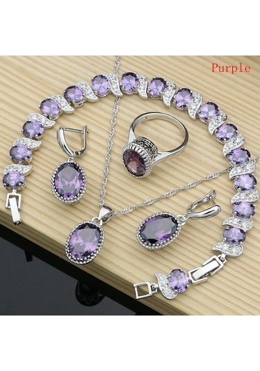 Novahub Mor Gümüş Renk Gelin Takı Şampanya Taşı Takı Setleri Kadınlar Için Küpe/kolye/yüzük/bilezik 7.5 Mor
