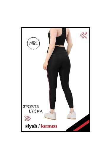 Kadın Yüksek Bel Toparlayıcı Spor Tayt Siyah / Kırmızı Şerit Detaylı Lycralı Dalgıç 1041 Siyah Kırmızı