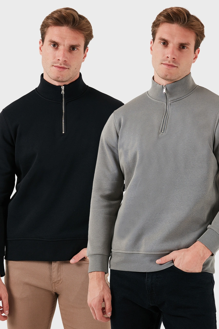 Buratti Pamuklu Regular Fit Dik Yaka 2'Li Paket Erkek Sweat 59052592S2 Siyah-Açık Haki