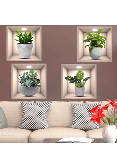 Qingmipy 3d Yeşil Bitki Duvar Sticker, 4 Adet, Vinyl, Su Geçirmez, Kolay Uygulama, 30x30cm, Çeşitli Yüzeyler İçin, Salon Dekoru Çok Renkli