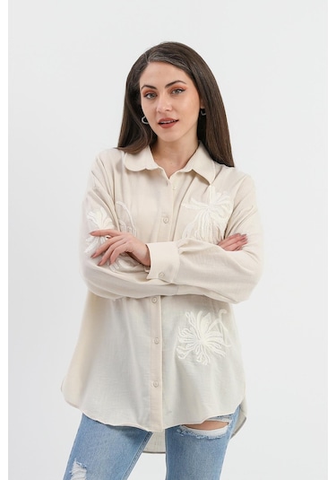 Pulpayet Nakışlı Keten Gömlek - Bej-bej Bej