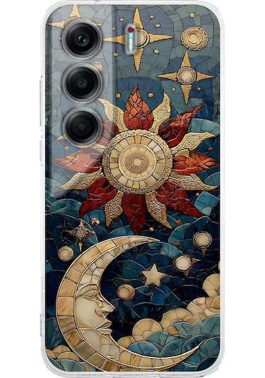 Printify Tecno Camon 40 İle Uyumlu Vitray Sol Ve Luna Tasarımlı Şeffaf Silikon Kılıf Şeffaf
