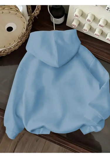 Kışlık Kapüşonlu Sweatshirt, Çocuk Ayıcık Baskılı Bebe Mavisi