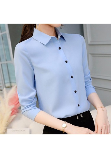 Açık Mavi İlkbahar Ve Yaz Kadın Gömlek İnce Çok Yönlü Büyük Metre Dip Moda Günlük Uzun Kollu Gömlek Açık Mavi