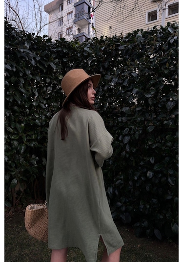 Kadın Hakı Müslin Kumaş, Hasır Şerit Detaylı Salaş Kimono Ceket Haki