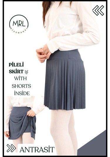 Kız Çocuk Pileli Etek Antrasit Yüksek Bel İçi Şortlu Likra Kumaş Okul-oyun-spor-etkinlik Eteği 4103 Antrasit / Gri