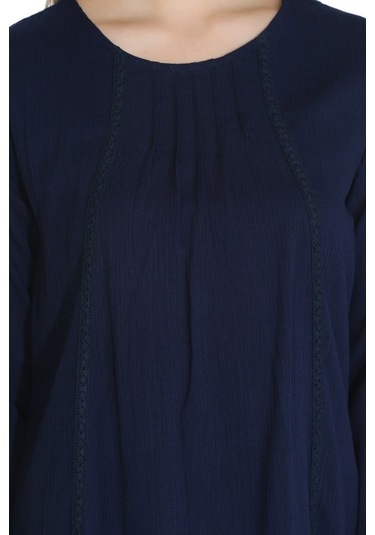 Uzun Kol Şile Bezi Nervürlü Uzun Elbise Lacivert