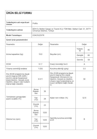 Profilo CGK252ZXTR 1200 Devir 10 KG Çamaşır Makinesi