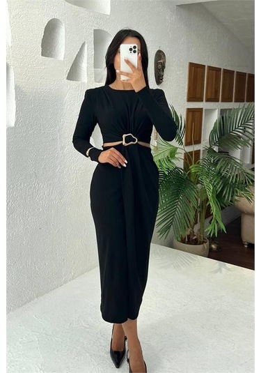 Neşeli Butik Kadın Bel Dekolteli Toka Detaylı Uzun Kollu Elbise Nbmy3655 Siyah