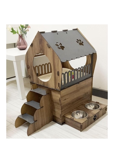 Reyo Pet Dekoratif Teraslı Kedi Evi ve Mama Kabı Seti