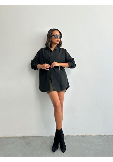 Kadın Oversize Uzun Basic Gömlek Siyah
