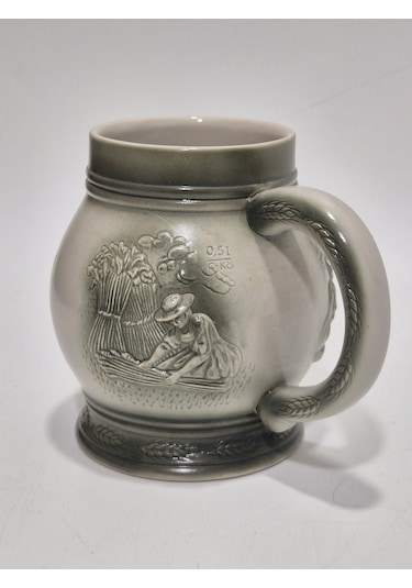 Vintage Tankart Hasat Zamanı Temalı Alman Seramik Bira Bardağı 13,5cm