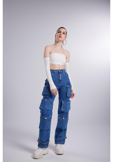 Holly Lolly Yüksek Bel Wide Leg Cargo Jean Pantolon Mavi