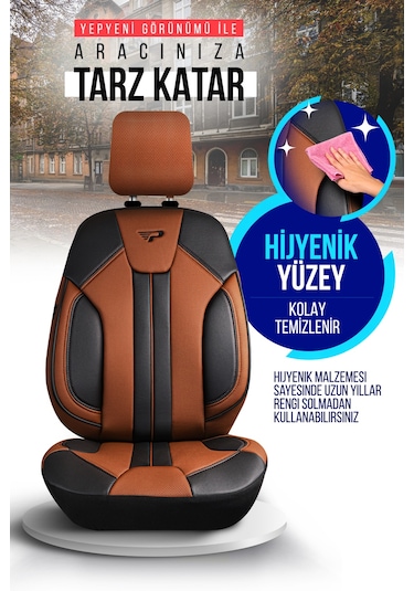 Panda Carlone Serisi Ful Deri Oto Koltuk Kılıfı - Tam Set Taba - Siyah
