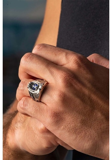 Kartal Figürlü Atatürk Imzalı Mavi Zirkon Taşlı Özel Tasarım 925 Ayar Gümüş Polis Yüzüğü