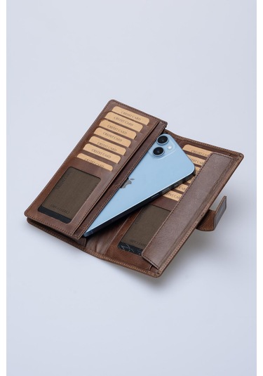 DERİNSS DRC7533 Hakiki Deri Patlı Kahverengi Cüzdan & Telefonluk