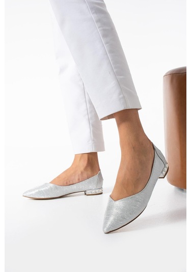 Kadın Gümüş Topuk Taş Detaylı Babet Gumus