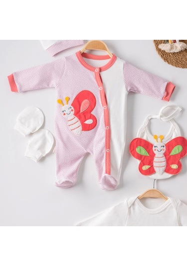 Candar 3 Ay Kelebek Puanlı Tulumlu Kız Bebek 5'li Set Nar Çiçeği Nar Çiçeği