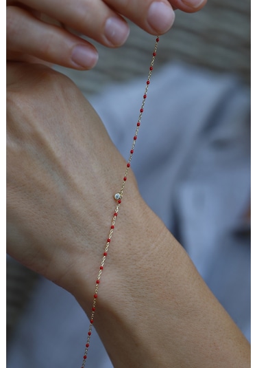 Yenigün Kuyumculuk 14 Ayar Altın Kırmızı Boncuklu Ve Tek Taş Detaylı Bileklik Sarı Altın