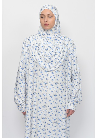 Pratik Tek Parça Çiçek Desenli Kollu Tak Çıkar Başörtülü Likralı Tesettür Namaz Elbisesi 990-0201 Mavi Antrasit