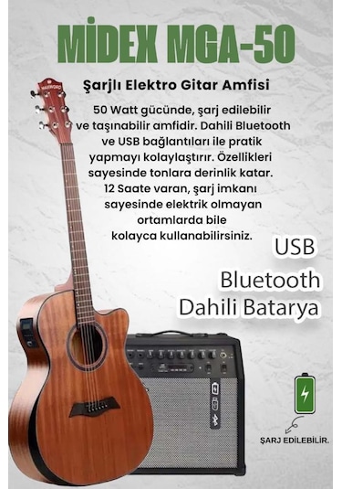 Maxword M450-EQ-50AMP Masif Ağaç 50W Amfili Elektro Akustik Gitar Seti üst Segment