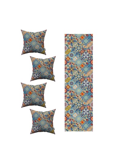 Mavi Retro Vintage Desenli 4'lü Kırlent Kılıfı 1 Runner Seti 4kmbs227-rs