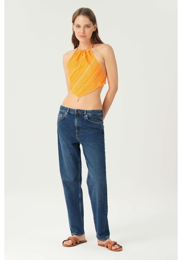 Koyu Mavi Düşük Bel Patı Fermuarlı Slim Fit Jean Pantolon C 4934-006 Koyu Mavi