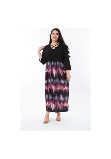 Kadın Büyük Beden Siyah Yaka Biyeli Eteği Desenli Elbise 65n38234-siyah Siyah