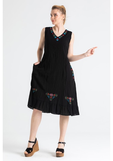 Kolsuz Şile Bezi Mehtap Midi Boy Elbise Siyah Syh-siyah