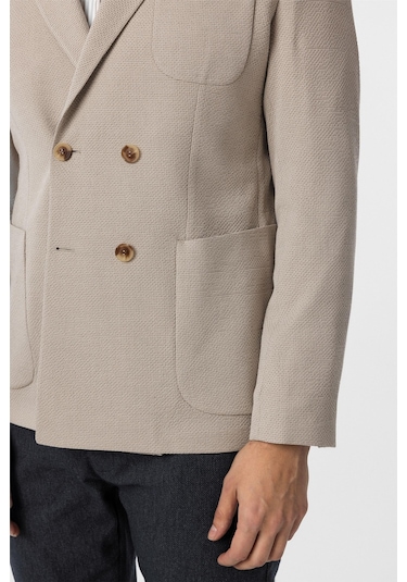 Süvari Bej Slim Fit Baskılı Kruvaze Yaka 6 Drop Ceket