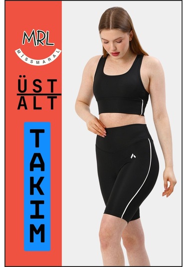 Kadın Siyah Takım Alt-üst Kısa Şort-tayt Ve Pedli Sporcu Büstiyer 2li Set Beyaz Biyeli Siyah Beyaz