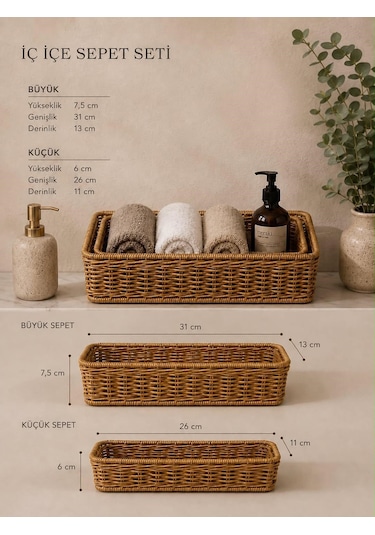 Morponi 2'li Dikdörtgen Hasır Rattan Organizer Sepet Shr343 Sarı