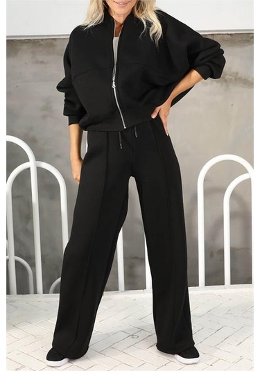 Neşeli Butik Kadın Penye 3 İplik Şardonlu Kumaş Eşofman Takımı Gts022 - Siyah Siyah