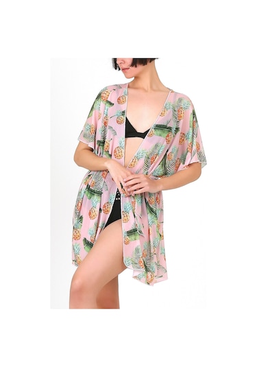 Pareo Plaj Elbisesi Kimono Std Yazlık Oversize Tül Gömlek Kemerli Elbise Ananas Somon