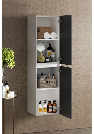 Yıldız 35 130 Cm Beyaz-antrasit Gri Mat Mdf Asma Banyo Boy Dolabı Beyaz - Antrasit