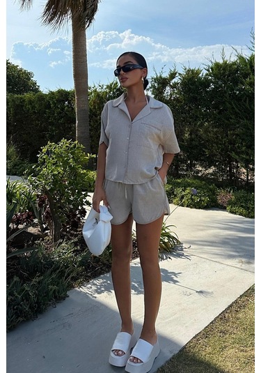 Kadın Taş Kruvaze Cotton Kısa Kol Dokuma İkili Takım Taş