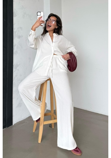 Madmext Ekru Keten Kadın Gömlek Pantolon İkili Takım Mg2356 Ekru