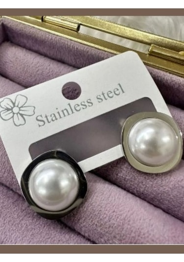 Büyük Beyaz Kristal Taşlı Çelik Küpe Gümüş