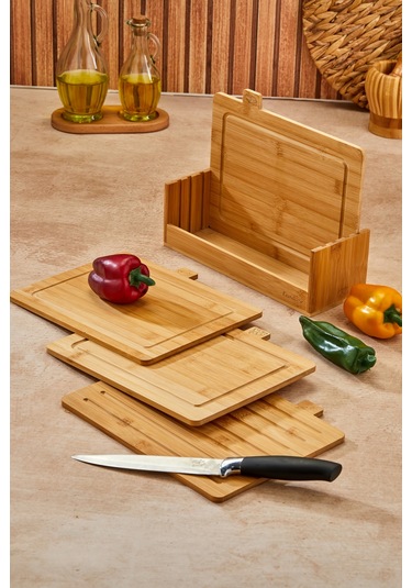 Cooker 5 Parça Standlı Fonksiyonel Bambu Kesim Tahtası Kahverengi