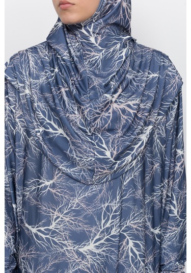 Pratik Tek Parça Ağaç Desenli Kollu Tak Çıkar Başörtülü Likralı Tesettür Namaz Elbisesi 990-0705 Lacivert Antrasit