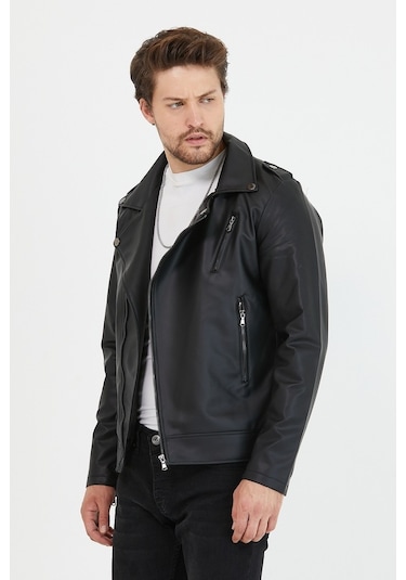 Mero Life Erkek Çapraz Fermuarlı Deri Ceket - Siyah