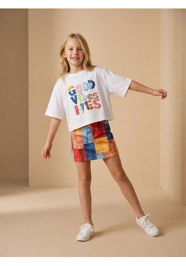 Zekids Kız Çocuk Good Vibes Baskılı Oversize T-shirt-17189 Ekru