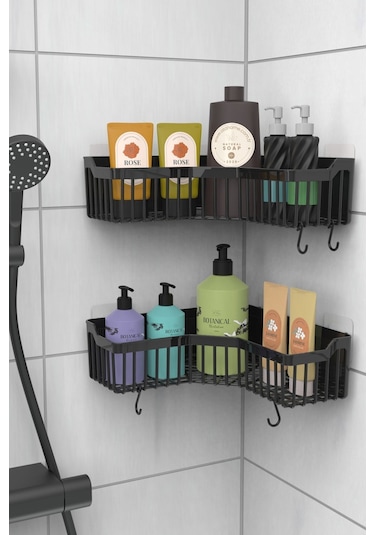 Banyo Köşelik Yapışkanlı Banyo Rafı, 2'li Banyo Düzenleyici, Duş Rafı Organizer Şampuanlık, Plastik Füme