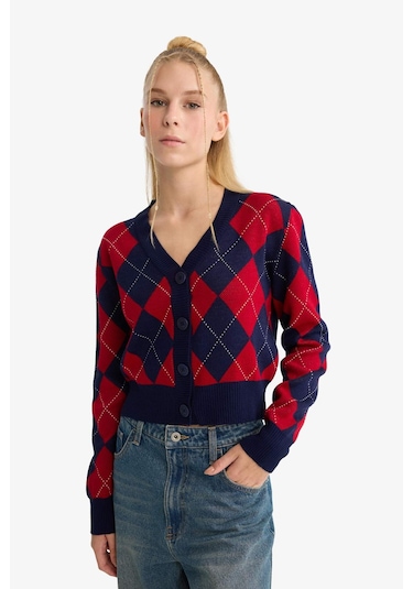 Defacto Coool Fitted V Yaka Baklava Desenli Düğmeli Hırka F9566ax25wnnv241 Lacivert