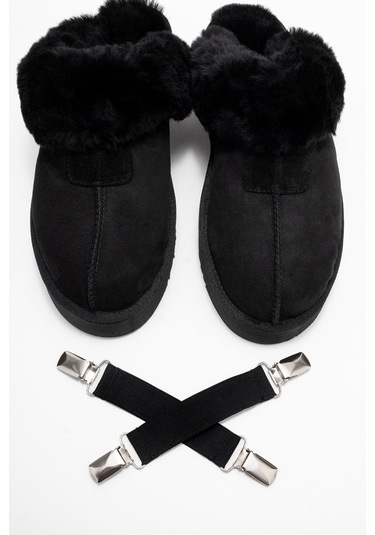 Olessa Siyah Hakiki Deri Süet Kadın Kürklü Terlik Siyah