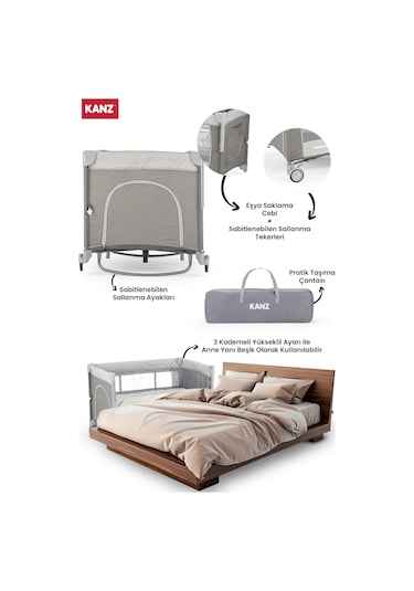 Kanz Sleepside +plus Anne Yanı Park Yatak Gri - Yatak Hediyeli